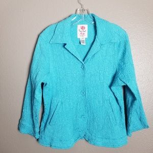 Flower Power Crinkle Turquoise 3/4 Sleeve Jacket M